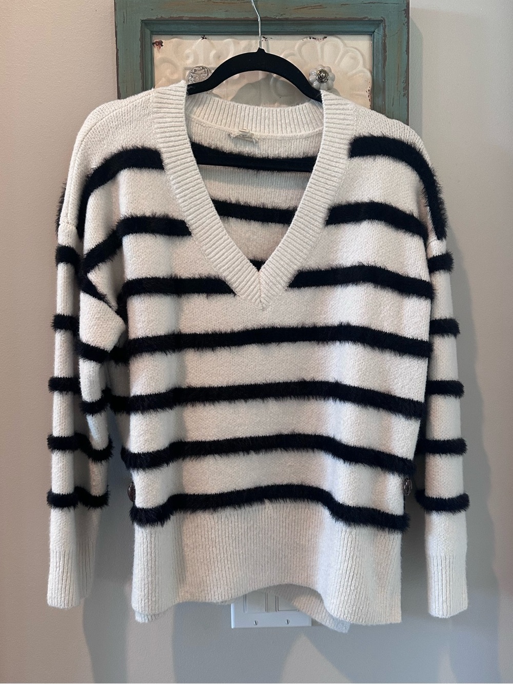 Hem & Thread Cream V-Neck Sweater with Black Stripes